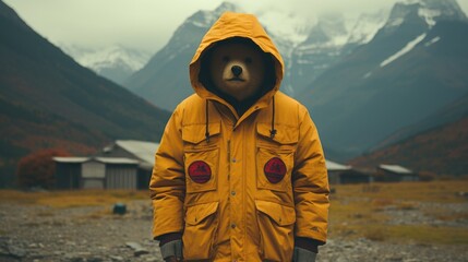 Canvas Print - A person in a yellow jacket standing in front of a mountain. Generative AI image.