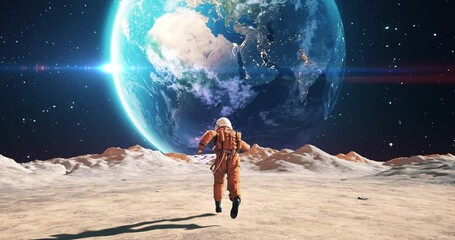 Wall Mural - young male astronaut in space suit running on alien planet. planet earth is visible. space related s