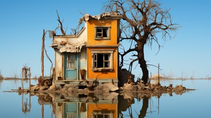 Canvas Print - A small house sitting in the middle of a lake. Generative AI image.