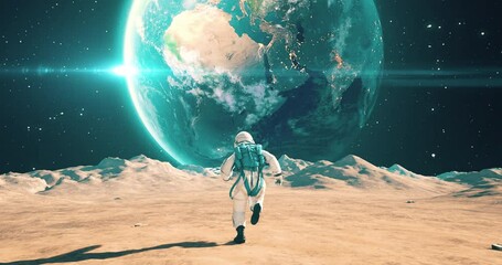 Wall Mural - brave male astronaut running on an alien planet. beautiful earth in sky. space related majestic scen