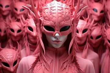 Canvas Print - A woman wearing a pink alien mask surrounded by pink alien heads. Generative AI image.