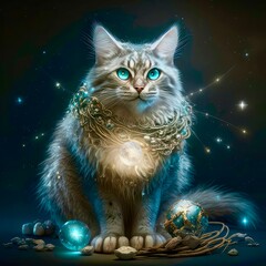  Beautiful Cat with Striking Blue Eyes with Jewels and Stars