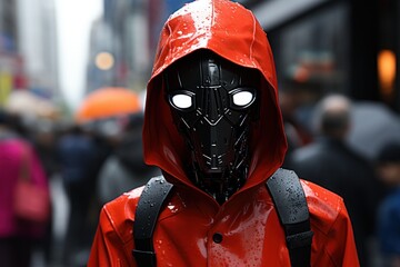 Wall Mural - A person wearing a red raincoat and a black mask. Generative AI image.