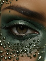 Canvas Print - A close up of a woman's eye with green makeup. Generative AI image.