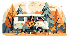 Illustration Of Caravan Or Camper In Autumn Forest With A Girl Playing Guitar. Concept Vector Illustration In Flat Style. Happy Autumn Does Camping In Autumn Or Autumn. A Man Playing Guitar.