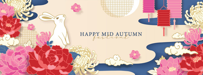 Mid Autumn Festival banner design with beautiful blossom flowers, lanterns and rabbit.