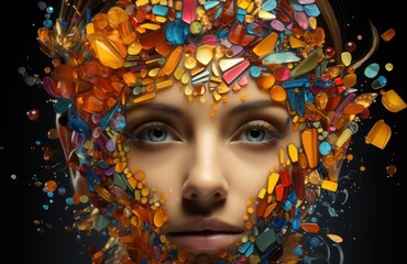 Poster - A woman's face is covered with colorful objects. Generative AI image.