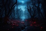 Fototapeta Do pokoju - Halloween background with dark forest and glowing red lights, 3d render