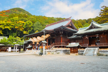 Poster - Fukuoka, Japan - Nov 21 2022: Miyajidake Shrine is primarily dedicated to Empress Jingu, home to five-ton sacred straw rope and attracts over 2 million worshippers a year