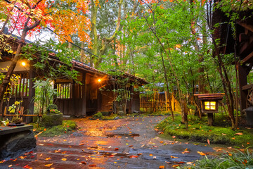 Wall Mural - Kumamoto, Japan - Nov 23 2022: Kurokawa Onsen is one of Japan's most attractive hot spring towns. The town's lanes are lined by ryokan, public bath houses, attractive shops and cafes