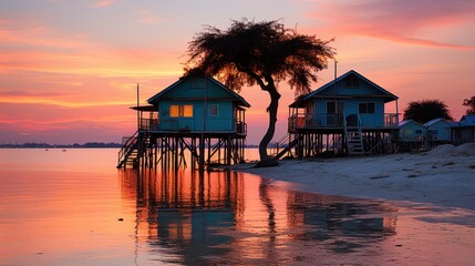 A couple of houses sitting on top of a sandy beach. Generative AI image.