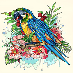 Wall Mural - parrot on a branch with flowers 