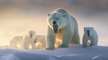 Polar Bear On Ice With Its Kids