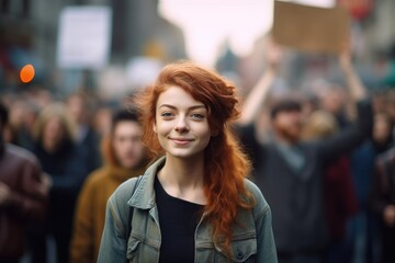 Wall Mural - Female activist protesting outdoors with group of demonstrators in the background