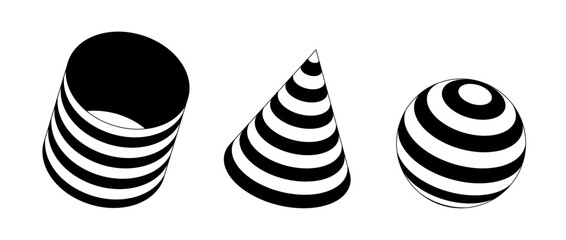 Poster - Set of 3d shapes with striped. Black and white cone, cylinder and sphere design elements for templates, posters, flyers, banners. Vector geometric forms collection
