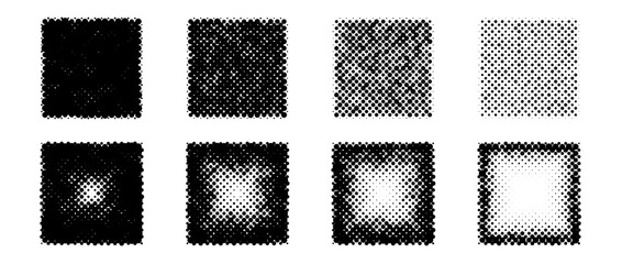 Poster - Halftone gradient square shapes set. Dotted textured cubes collection. Round fading gradient in comic and pop art style. Black design elements bundle. Pixelated background pack. Vector