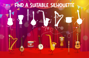Aufkleber - Find a suitable silhouette of cartoon musical instrument characters on the stage. Similarity search kids game vector worksheet with harp, mandolin, drum and banjo, saxophone, flute funny personages