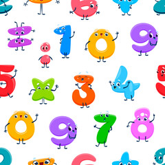 Aufkleber - Cartoon number character seamless pattern background with vector mathematics algebra figures. Cute funny numbers pattern with eyes, and face smile for kids education or numeric arithmetic emoticons