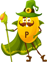 Wall Mural - Cartoon vitamin P wizard character. Vector yellow flavonoid capsule holding magic staff. Isolated brave moustached sorcerer wearing pointed hat and cloak. Food supplement necromancer personage