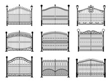 Iron Gate, Wrought Metal Fence, Steel Wrought Door With Ornate Forgings. Vector Antique Garden Or Park Entrance Gates Of Black Frames, Grills And Rails With Forged Ornaments, Light Poles And Pillars