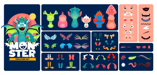 Wall Mural - Monster creation kit. Cartoon monster character constructor with vector set of cute animal, alien creature or Halloween beast faces and bodies, funny mouths, hands and tails, eyes, legs, wings, horns