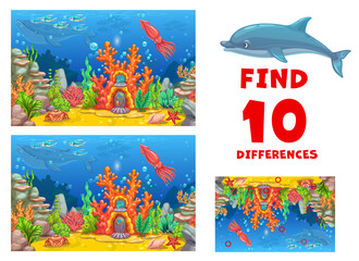 Aufkleber - Find ten differences on underwater landscape with coral house. Kids vector board game with mermaid home, dolphin, whale, squid, starfish and crab on ocean bottom. Educational children riddle activity