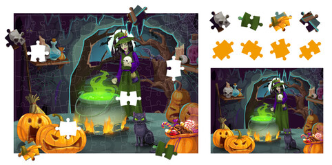 Poster - Jigsaw puzzle Halloween game pieces. Cartoon eerie witch in cave with magic potion pot. Correct piece connect Halloween quiz, shape or figure search kids puzzle vector worksheet with witch cauldron