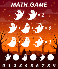 Wall Mural - Math game worksheet. Halloween ghost characters on cemetery. Children educational vector quiz, addition and subtraction puzzle with funny ghost or cemetery spirits personages, grave crosses silhouette