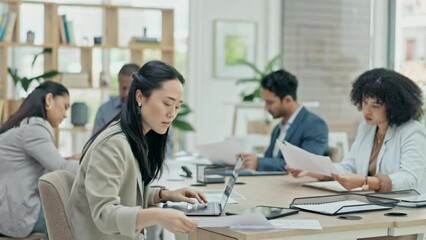 Poster - Business woman, meeting and lawyer notes for data analysis in a office. Conference room, Asian female person and professional reading a law review and attorney report with staff for a project