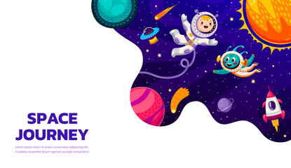 Poster - Space galaxy landing page. Cartoon alien, space planets, astronaut and rocketship in starry sky vector template of company website landing page. Business start up or project launch web site layout