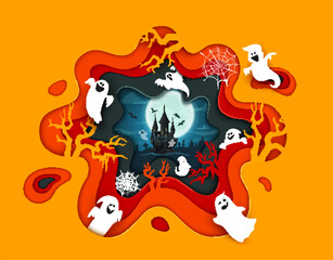 Canvas Print - Halloween paper cut banner. Flying ghosts and medieval castle. Halloween holiday paper cut vector background, 3d wallpaper or backdrop with funny ghosts monsters characters, full moon and spider web