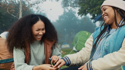 Poster - Camping, laughing and friends in conversation in nature on winter weekend trip or holiday. High five, celebration and women talking and making funny jokes together in a forest on an outdoor vacation.