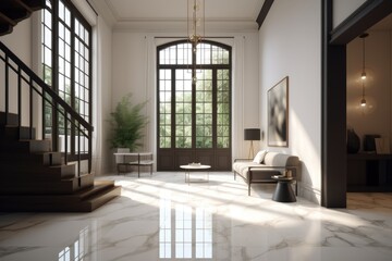 Wall Mural - Luxurious Foyer Interior with Tall Ceilings and Stone Marble Porcelain Floors Made with Generative AI