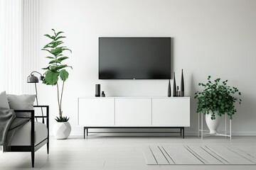 Wall Mural - modern white living room with a sleek flat screen television as the focal point. Generative AI