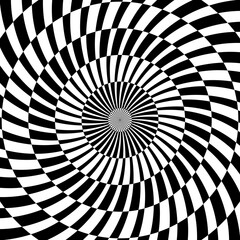 Sticker - Radial optical illusion background. Black and white abstract lines surface in circles. Poster, banner, template design. Spinning spiral illusion wallpaper. Vector opt art illustration 