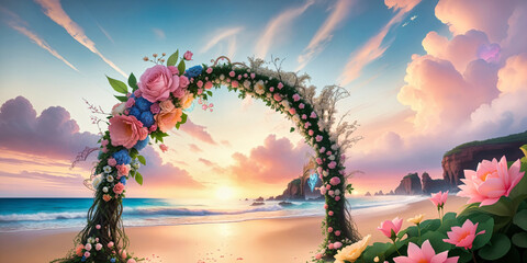 Wall Mural - beach wedding venue, wedding setup, cabana, arch, gazebo decorated with flowers, beach wedding setup