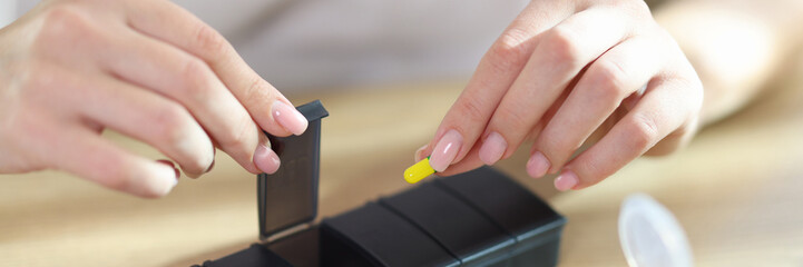 Sticker - Woman sorting drug pills for pain relief and disease treatment.