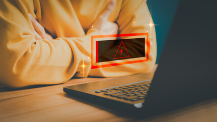 Poster - User is angry and frustrated when he learns that his the laptop computer's battery is dead and did not bring the charger adapter. Concept of Technology and daily life of freelance. No power battery.