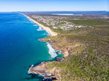 Aerial Panorama Of Beautiful Coast Of Noosa National Park; Unique Sandy Beaches, Cliffs And Little Bays With Turquoise Water Near Sunshine Coast In South East Queensland, Australia	