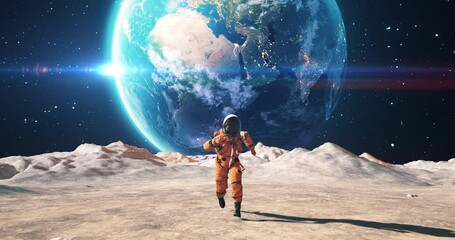 Wall Mural - young astronaut in space suit confidently running on an alien planet. planet earth is visible in sky