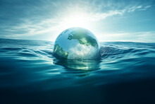Global Warming, The Earth Floats In Sea, Earth Planet Earth Globe Swirl In Blue Waves Of Ocean With Sun Background, Rising Sea Level In Climate Change Due To Man-made Carbon Emissions, Sinking Globe