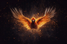 Bird Made Of Fire Flame, Dove Flying From Yellow Flare, Burning Fiery Bird Flies Fire Bird Phoenix Burning Isolated On Black Background	