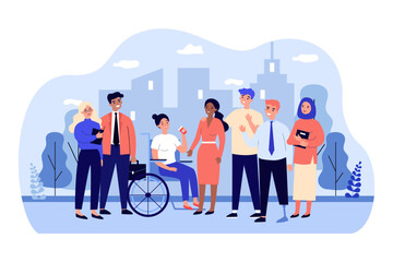 group of happy diverse friends vector illustration. inclusive team of people with disability and peo