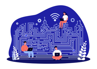 Poster - People sitting on glowing optical fibers vector illustration. Users working on laptops connected with wires and speed network communication. Telecommunication, internet connection concept