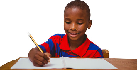 Poster - Digital png photo of african american schoolboy writing in notebook on transparent background