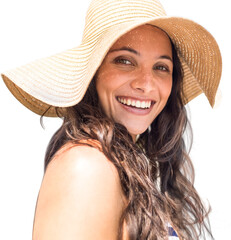 Canvas Print - Digital png photo of happy caucasian woman wearing straw hat on transparent background