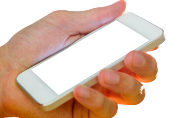 Poster - Digital png photo of caucasian hand holding smartphone with copy space on transparent background