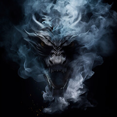image of an angry dragon face with fire smoke on black background. mythical creatures. illustration,