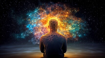 energy of thought. human head emitting abstract fractal structure to illustrate working of human min
