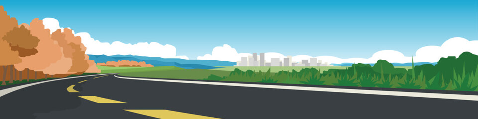 Poster - Copy Space Flat Vector Illustration of winding paved roads and the surroundings of the open fields of spring Its background looks like a huge distant mountain and sky.